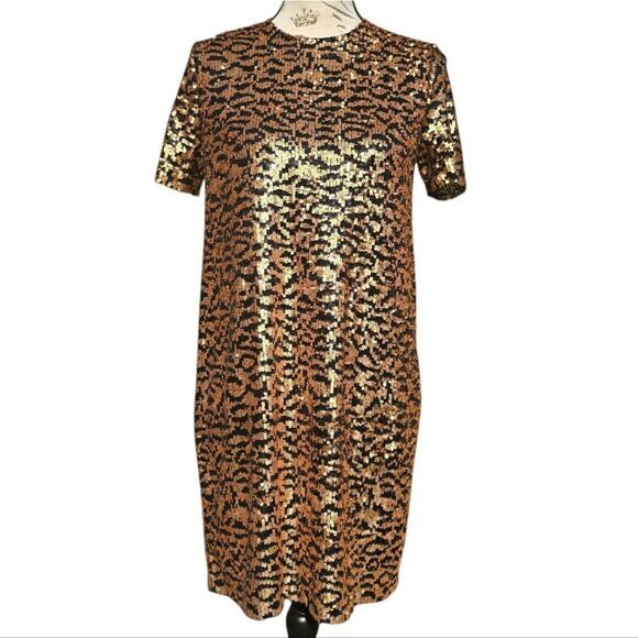Zara -724 Animal Print Black and Gold Sequin Shift Dress Small - Picture 2 of 9